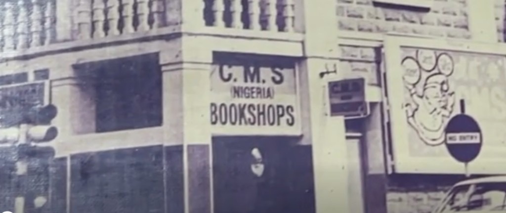 Historic black-and-white photo of the C.M.S. (Nigeria) Bookshops storefront