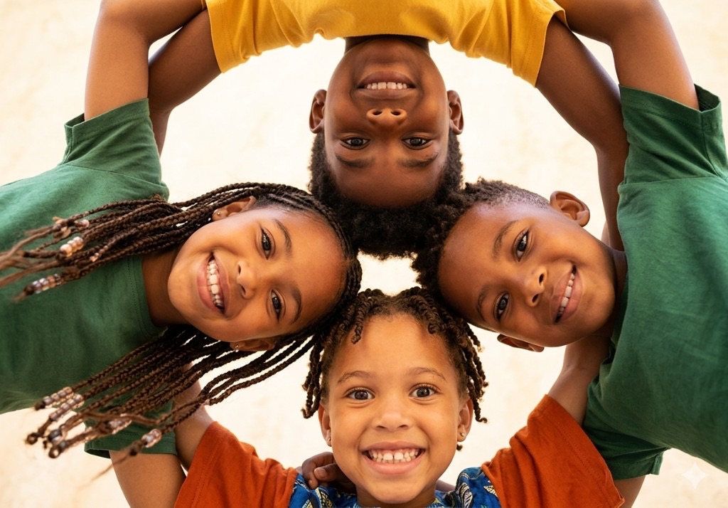 Four smiling children huddled together in a circle